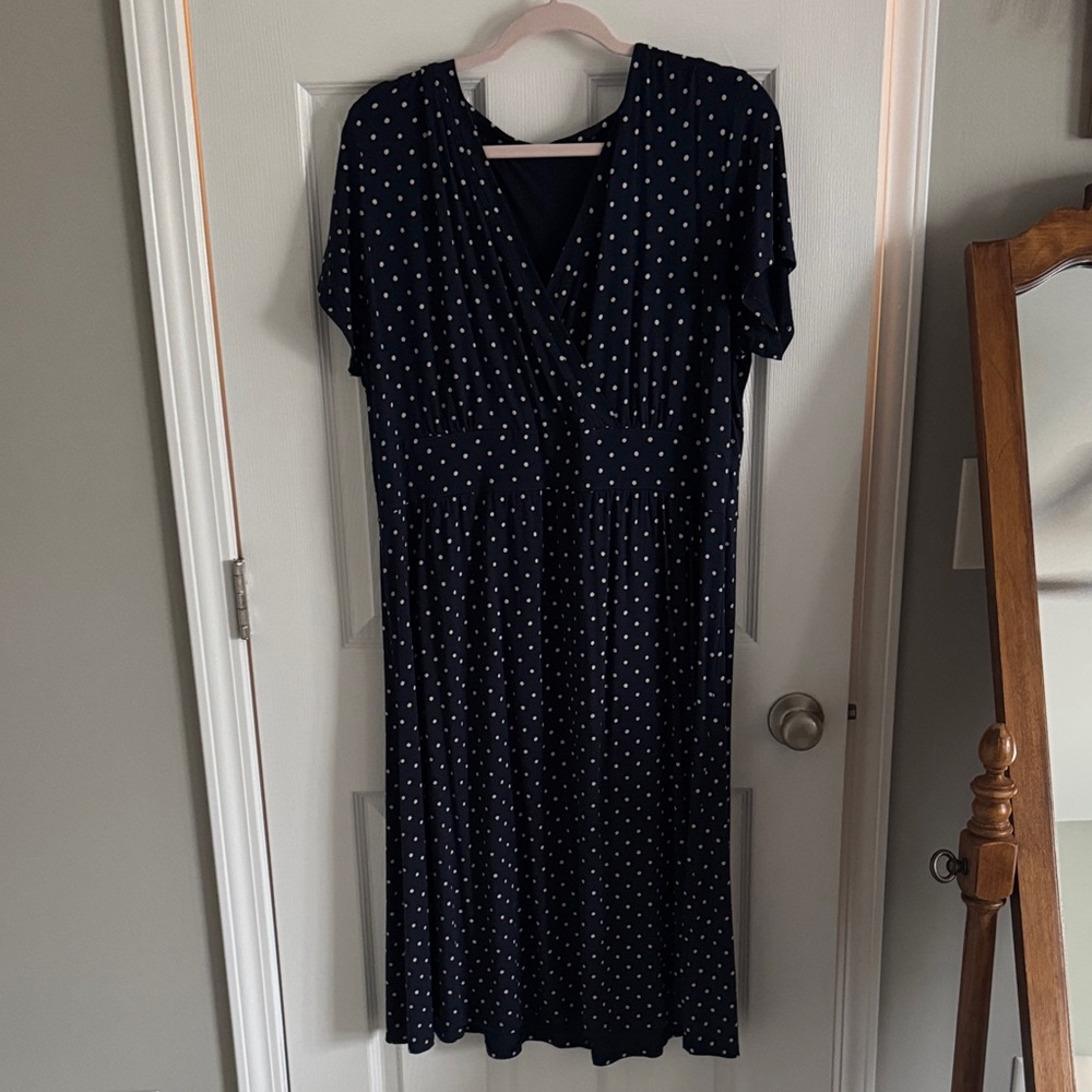 L.L. Bean Navy Polka Dot Wrap-Front Midi Dress